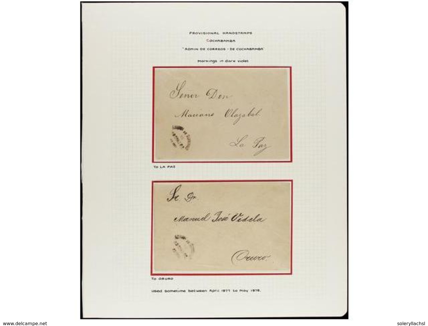 BOLIVIA. 1874-78. COCHABAMBA. Seis Cartas Con Marcas De COCHABAMBA Y 10 Ctvos. En Colores Negro Y Violeta, Usados Provis - Other & Unclassified