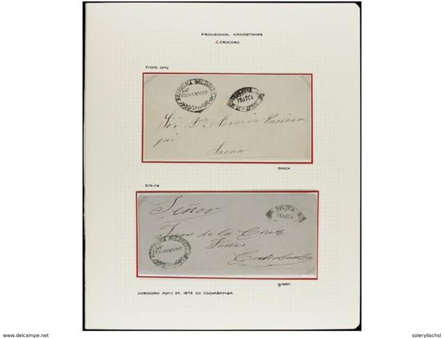 BOLIVIA. 1873-1875 Ca. COROCORO. Cuatro Cartas Con Marcas Ovaladas De COROCORO Y FRANCA En Negro, Azul Y Verde, Usadas P - Autres & Non Classés