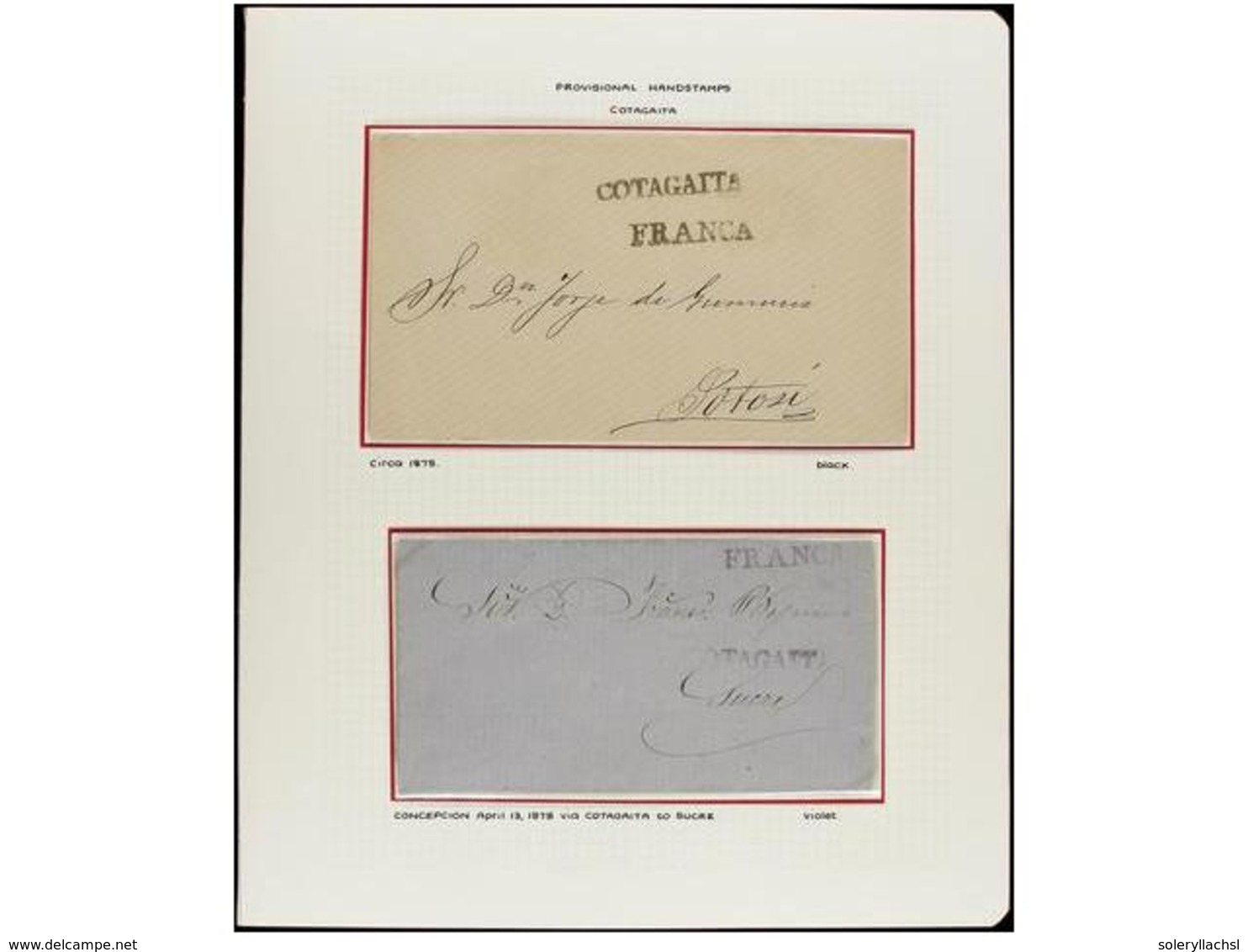 BOLIVIA. 1875-1878. COTAGAITA. Dos Cartas Con Marcas COTAGAITA Y FRANCA En Negro Y Violeta Usadas Provisionalmente Por F - Other & Unclassified