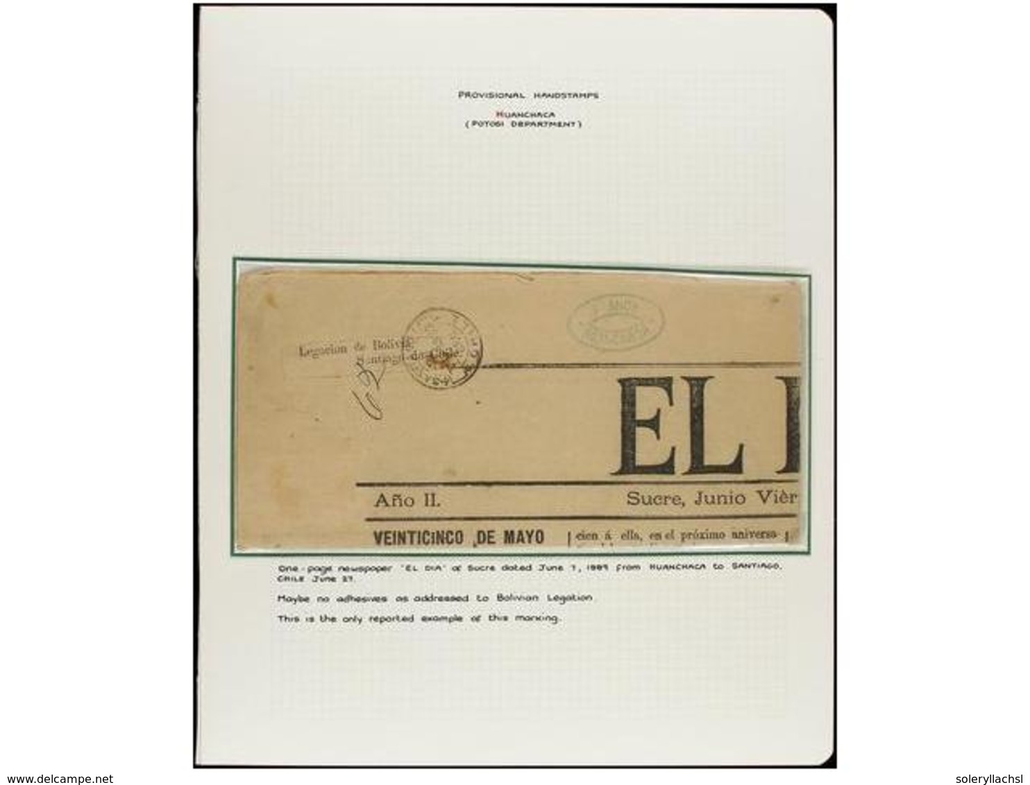 BOLIVIA. 1889. Página Del Periódico "EL DIA" Editado En SUCRE Circulado A Legación De Bolivia En SANTIAGO DE CHILE. Marc - Otros & Sin Clasificación