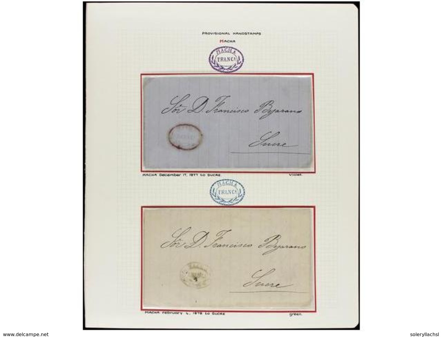 BOLIVIA. 1877-1878. MACHA. Dos Cartas Con Marcas Ovaladas MACHA / FRANCA En Violeta Y Verde Usadas Provisionalmente Por  - Other & Unclassified