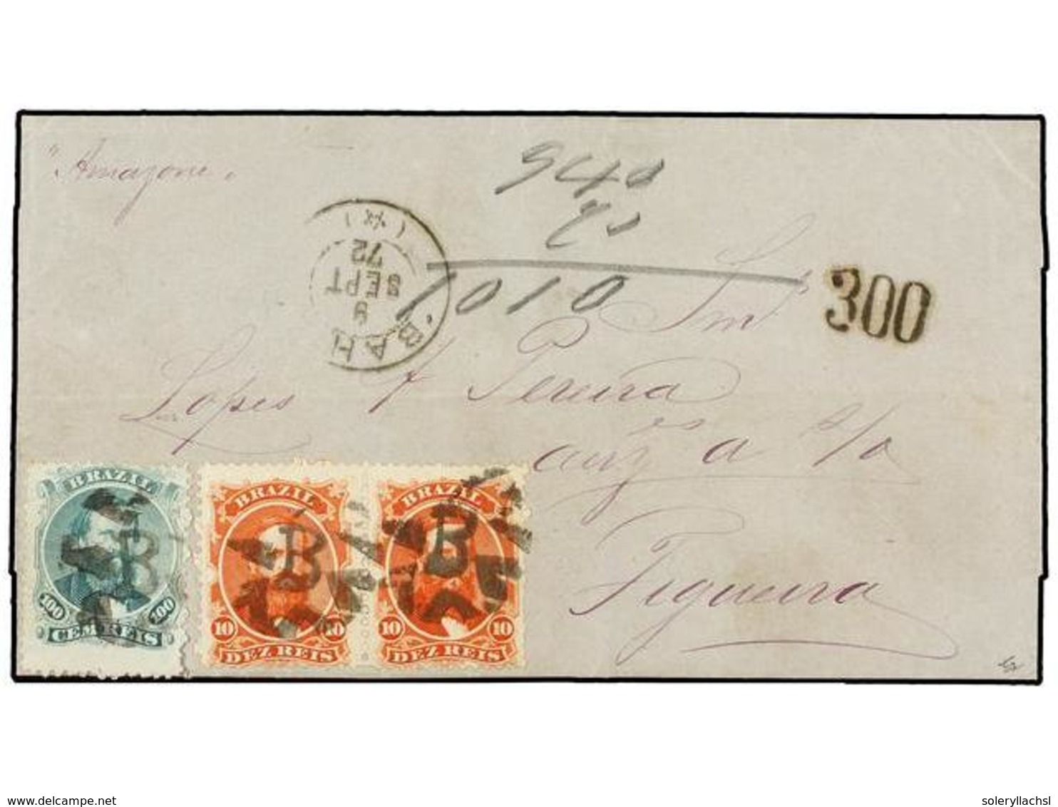 BRASIL. 1872. BAHÍA A PORTUGAL. 10 Reis Naranja (2) Y 100 Reis Verde. Mat. De Corcho "B" De Bahía. PRECIOSA. Cert. B. MO - Otros & Sin Clasificación