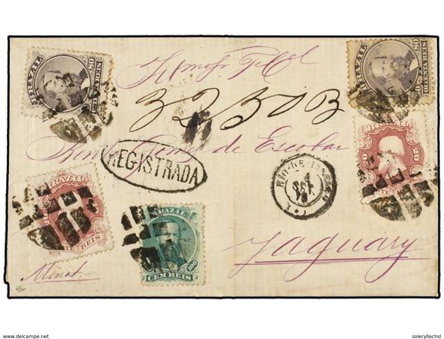 BRASIL. Sc.54 (2), 57 (2), 58. 1875. RÍO DE JANEIRO A YAGUAY. 20 Reis Lila, 80 Cts. Violeta (2) Y 100 Reis Verde. Carta  - Sonstige & Ohne Zuordnung