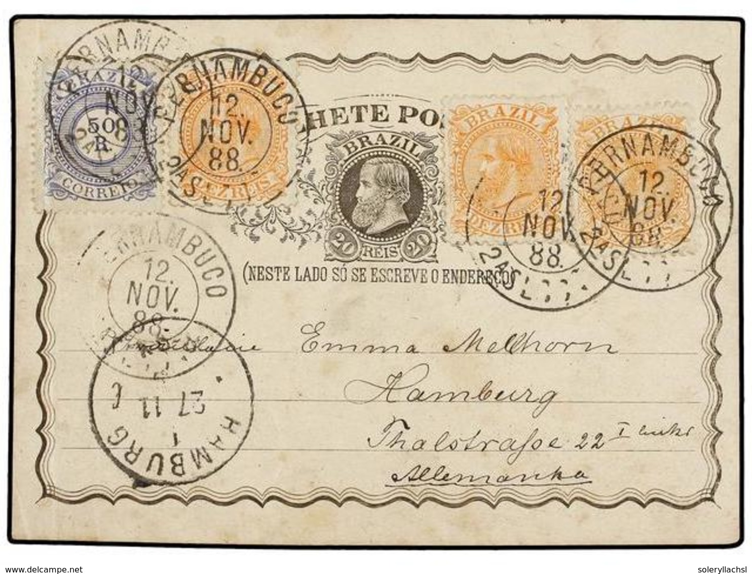 BRASIL. Sc.86 (3), 93. 1888. PERNAMBUCO A ALEMANIA. Entero Postal De 20 Reis Castaño Con Franqueo Adicional De 10 Reis N - Other & Unclassified