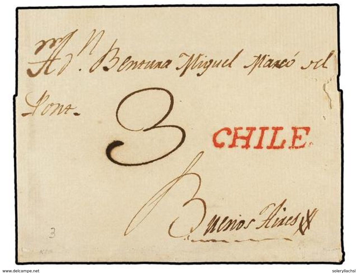 CHILE. (1800 CA.). SANTIAGO A BUENOS AIRES. Envuelta, Marca Lineal CHILE (nº 3) En Rojo. PRECIOSA. - Sonstige & Ohne Zuordnung