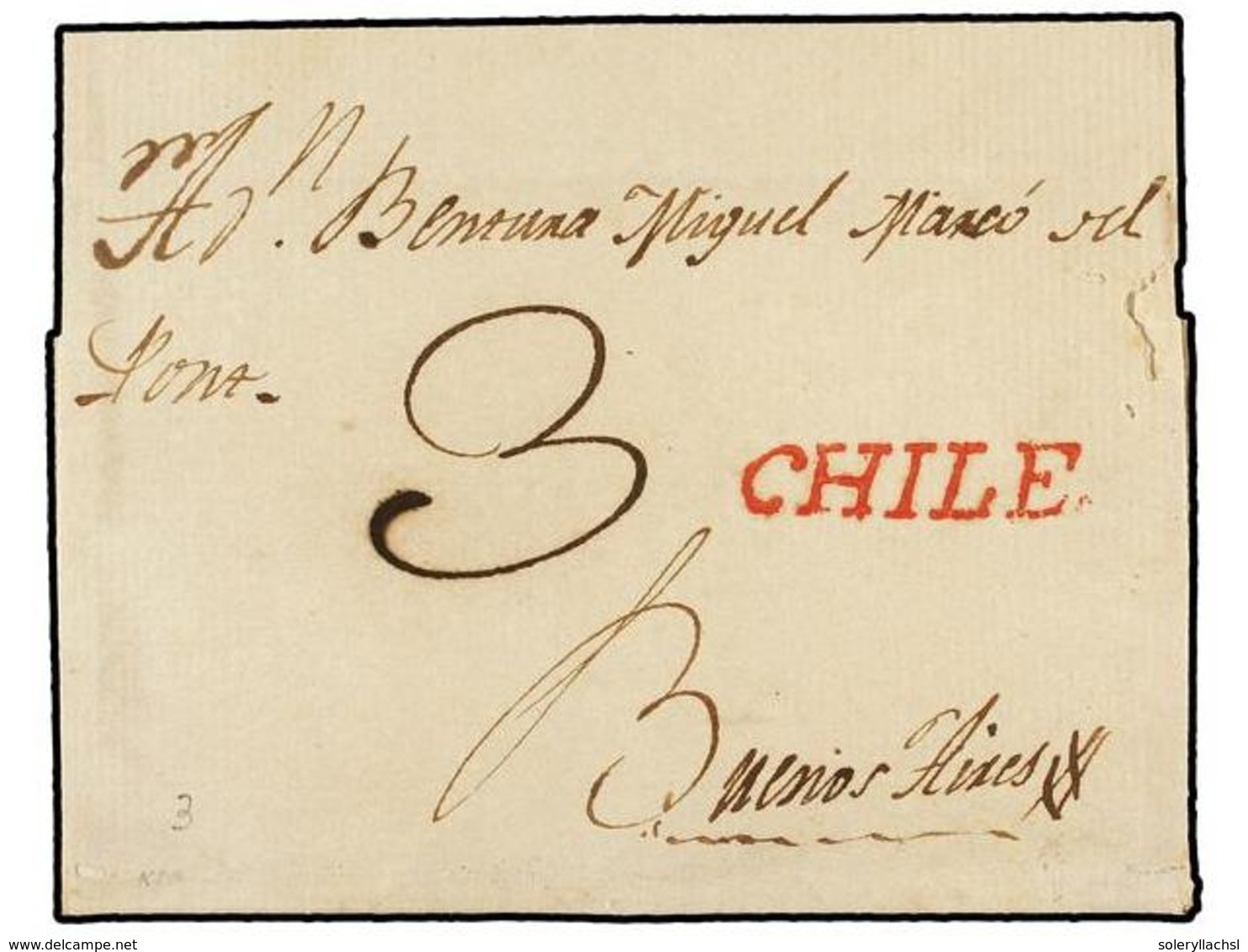 CHILE. (1800 CA.). SANTIAGO A BUENOS AIRES. Envuelta, Marca Lineal CHILE (nº 3) En Rojo. PRECIOSA. - Otros & Sin Clasificación