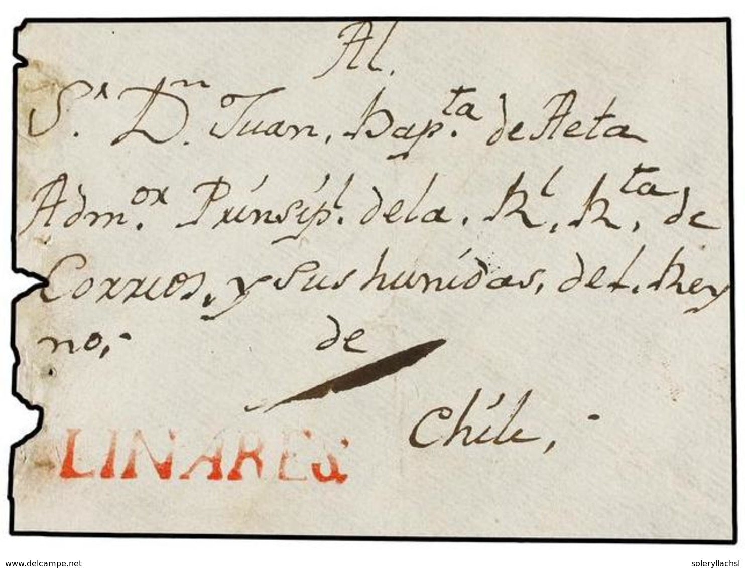 CHILE. (1810 CA.). FRONTAL Circulado De LINARES A SANTIAGO. Marca Lineal LINARES En Rojo. Porte De "1" Real Correspondie - Other & Unclassified