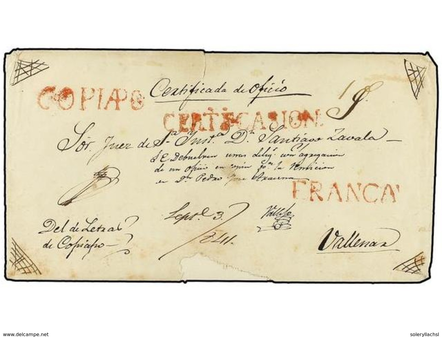 CHILE. 1841 (3 Septiembre). COPIAPO A BALLENAR. Sobre De Carta Certificada Con Las Marcas COPIAPO FRANCA Y CERTIFICASION - Autres & Non Classés