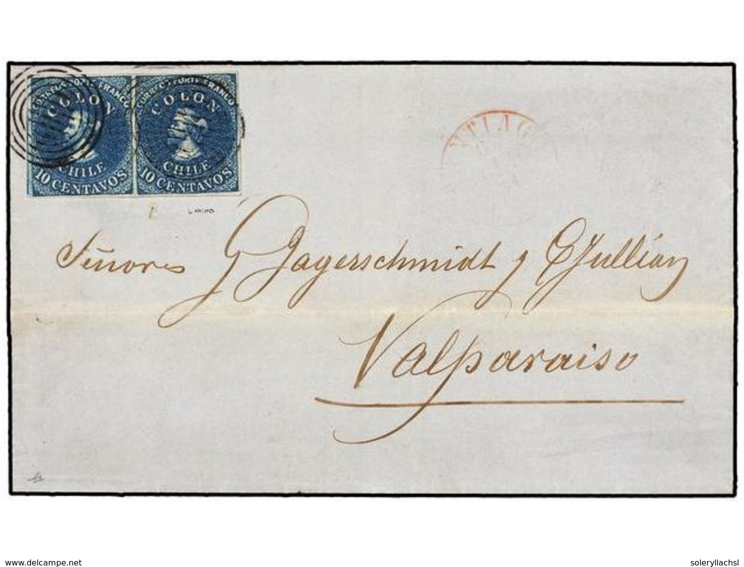 CHILE. Sc.2 (2). 1853. SANTIAGO A VALPARAISO. 10 Ctvos. Azul En Pareja, Márgenes Excepcionales, Uno Con Parte Del Ejempl - Autres & Non Classés