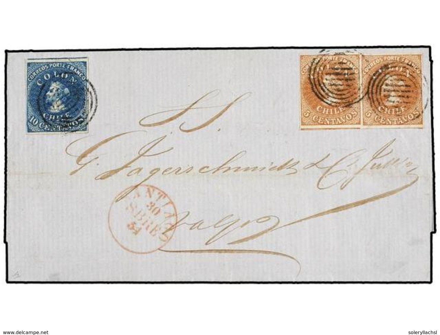 CHILE. Sc.2, 7 (2). 1854. SANTIAGO A VALPARAISO. 5 Cts. Castaño Pálido, Pareja LITOGRAFIADOS Por Gillet Y 10 Ctvos Azul  - Autres & Non Classés