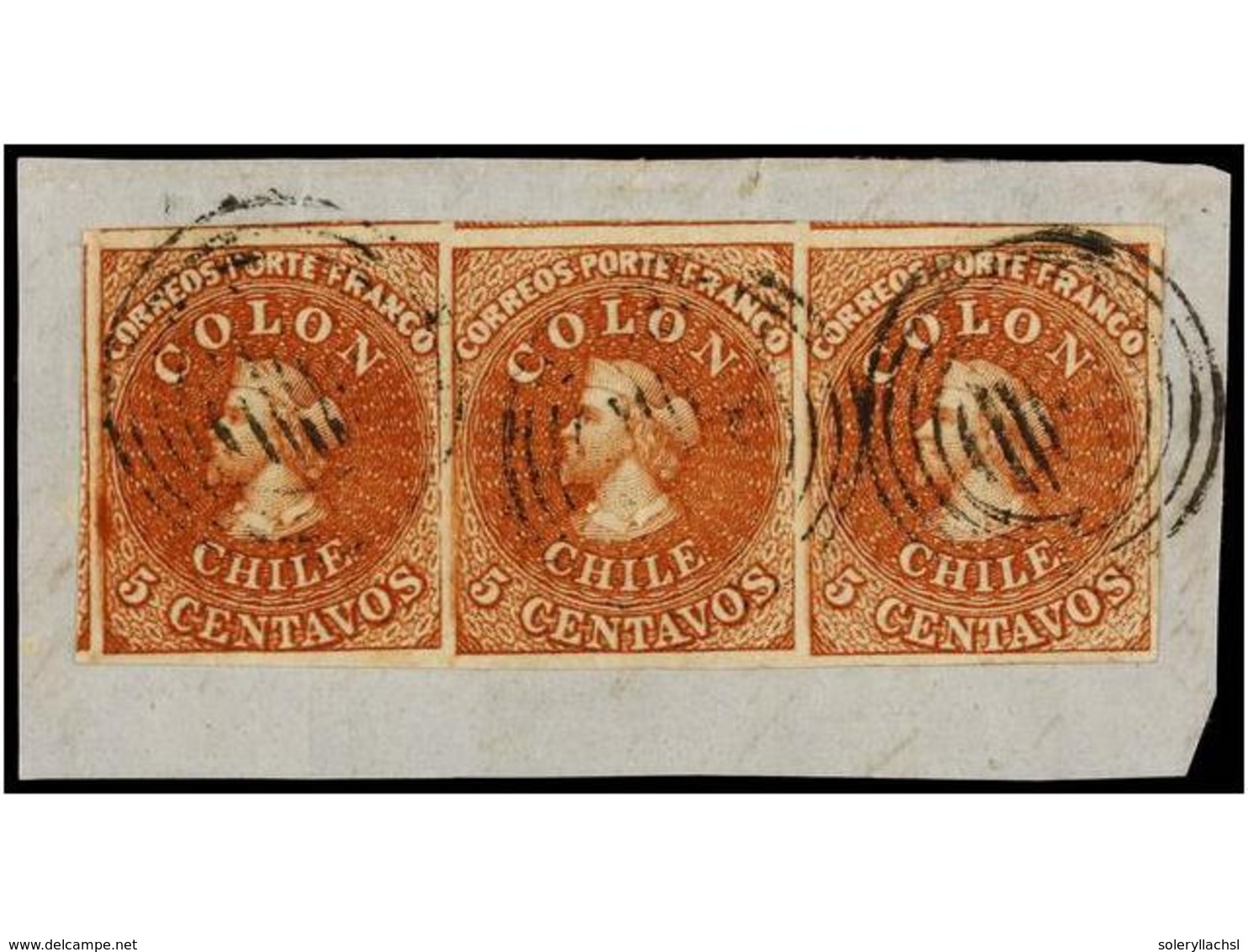 CHILE. Sc.3 (3). 1855. 5 Ctvos. Castaño Rojo. Impresión Desmadryl. Tira De Tres Sobre Fragmento. Márgenes Excepcionales  - Autres & Non Classés