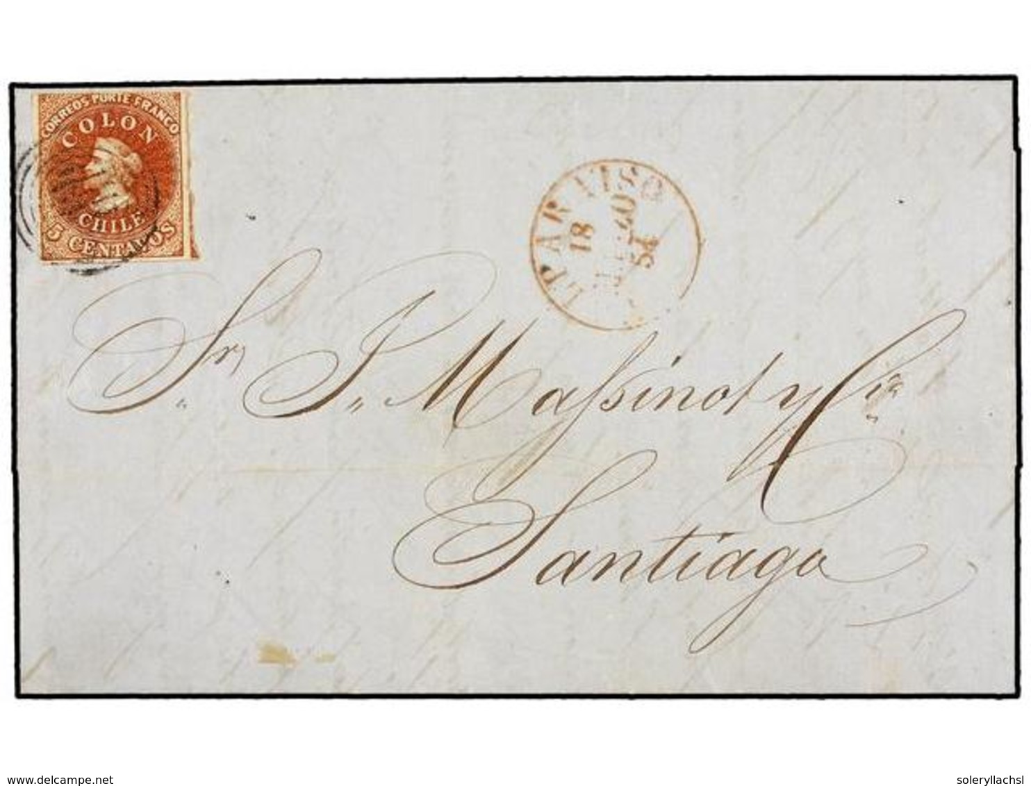 CHILE. Sc.3a. 1854. VALPARAISO A SANTIAGO. 5 Ctvos. Castaño Rojo. Impresión De Desmadryl.  Tres Grandes Márgenes Y El Su - Autres & Non Classés