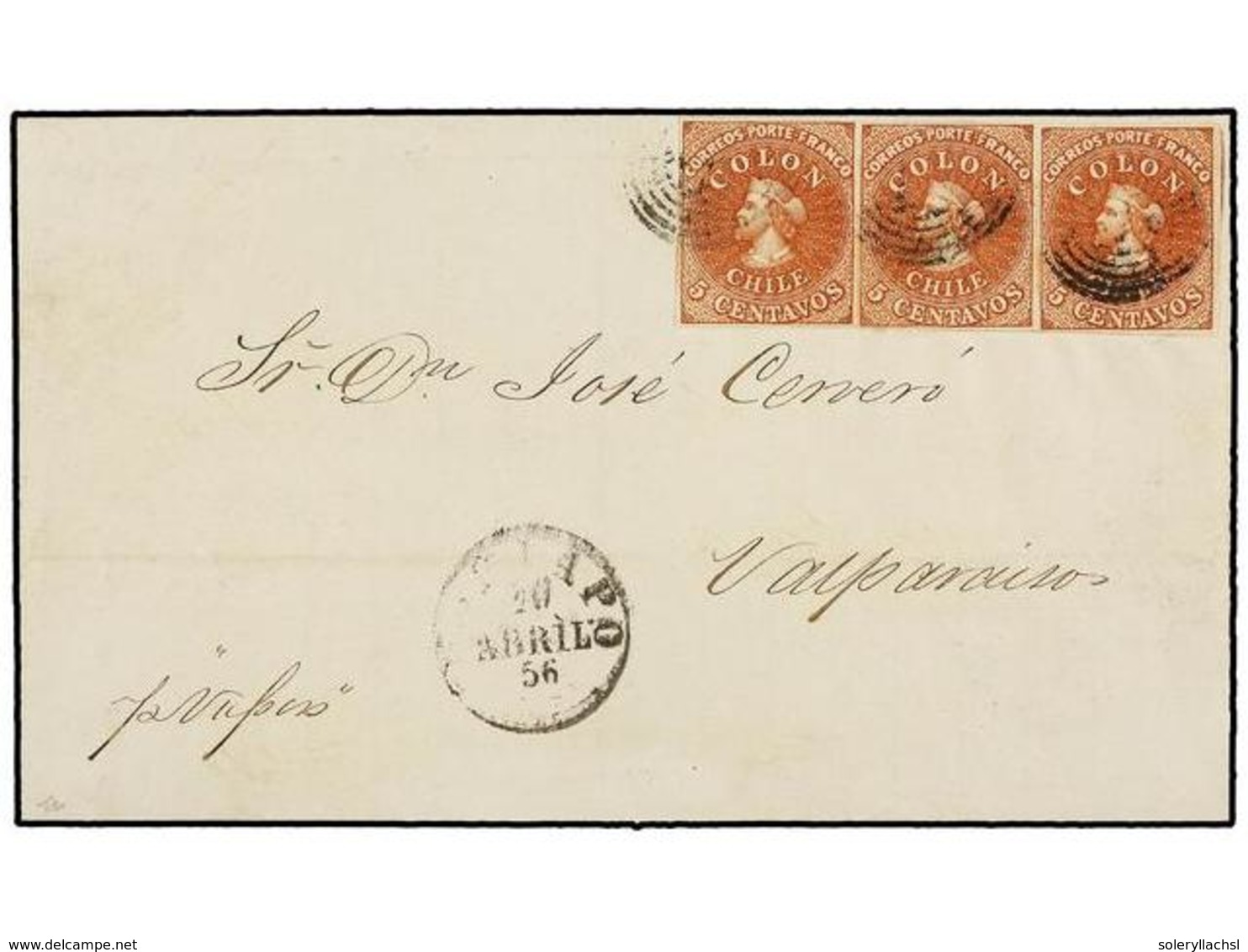 CHILE. Sc.3 (3). 1856. COPIAPO A VALPARAISO. 5 Ctvos. Castaño Rojo, Impresión Desmadryl. Tira De Tres, Márgenes Completo - Autres & Non Classés