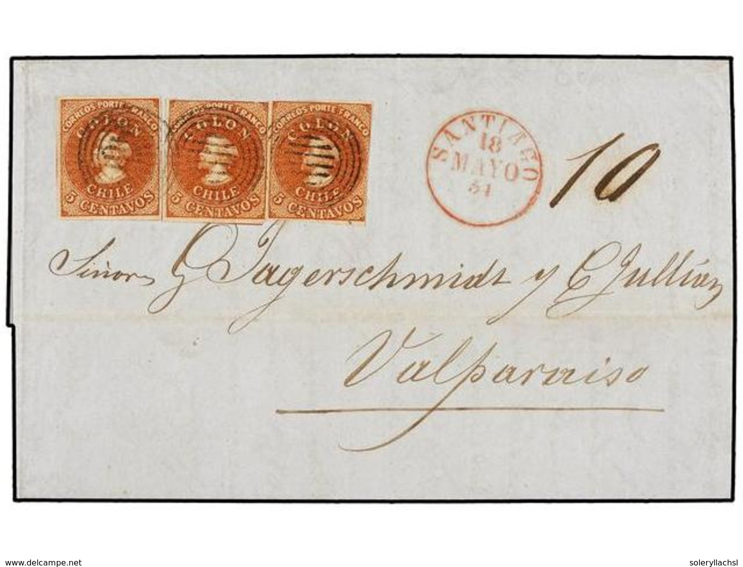 CHILE. Sc.3a (3). 1854. SANTIAGO A VALPARAISO. 5 Ctvos. Castaño Rojo, Impreso Por Desmadryl, Tres Sellos Mat. CÍRCULOS C - Autres & Non Classés