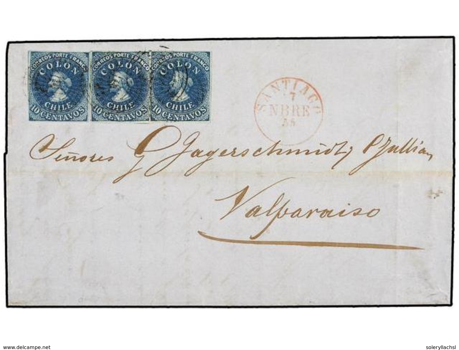 CHILE. Sc.5. 1854. SANTIAGO A VALPARAISO. 10 Ctvos. Azul, Impresión Desmadryl, Tira De Tres, Márgenes Completos Alrededo - Autres & Non Classés