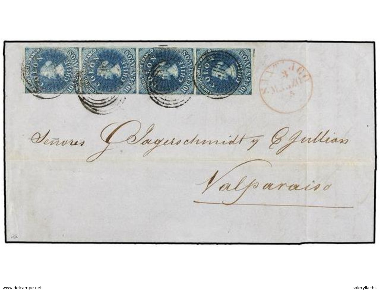 CHILE. Sc.5a (4). 1855. SANTIAGO A VALPARAISO. 10 Cts. Azul Gris Impreso Por Desmadryl, Tira De Cuatro, Márgenes Complet - Otros & Sin Clasificación