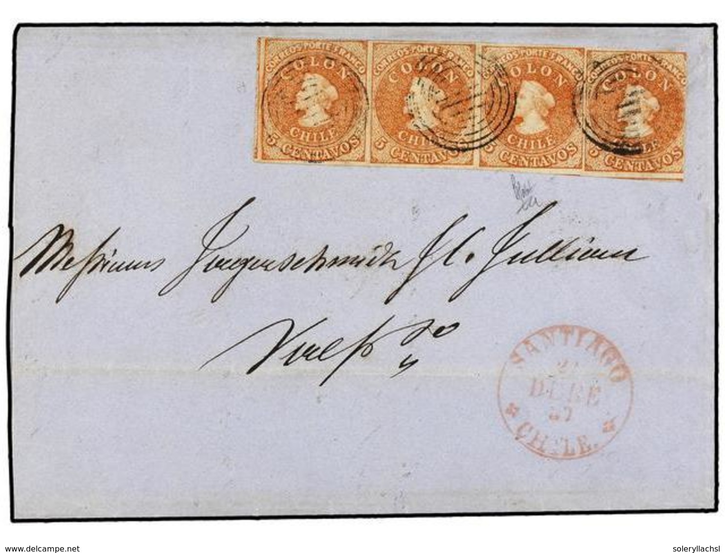 CHILE. Sc.9c (4). 1857. SANTIAGO A VALPARAISO. 5 Ctvos. Castaño Rojo, Impresión De Santiago "Estancos". Tira De Cuatro,  - Sonstige & Ohne Zuordnung