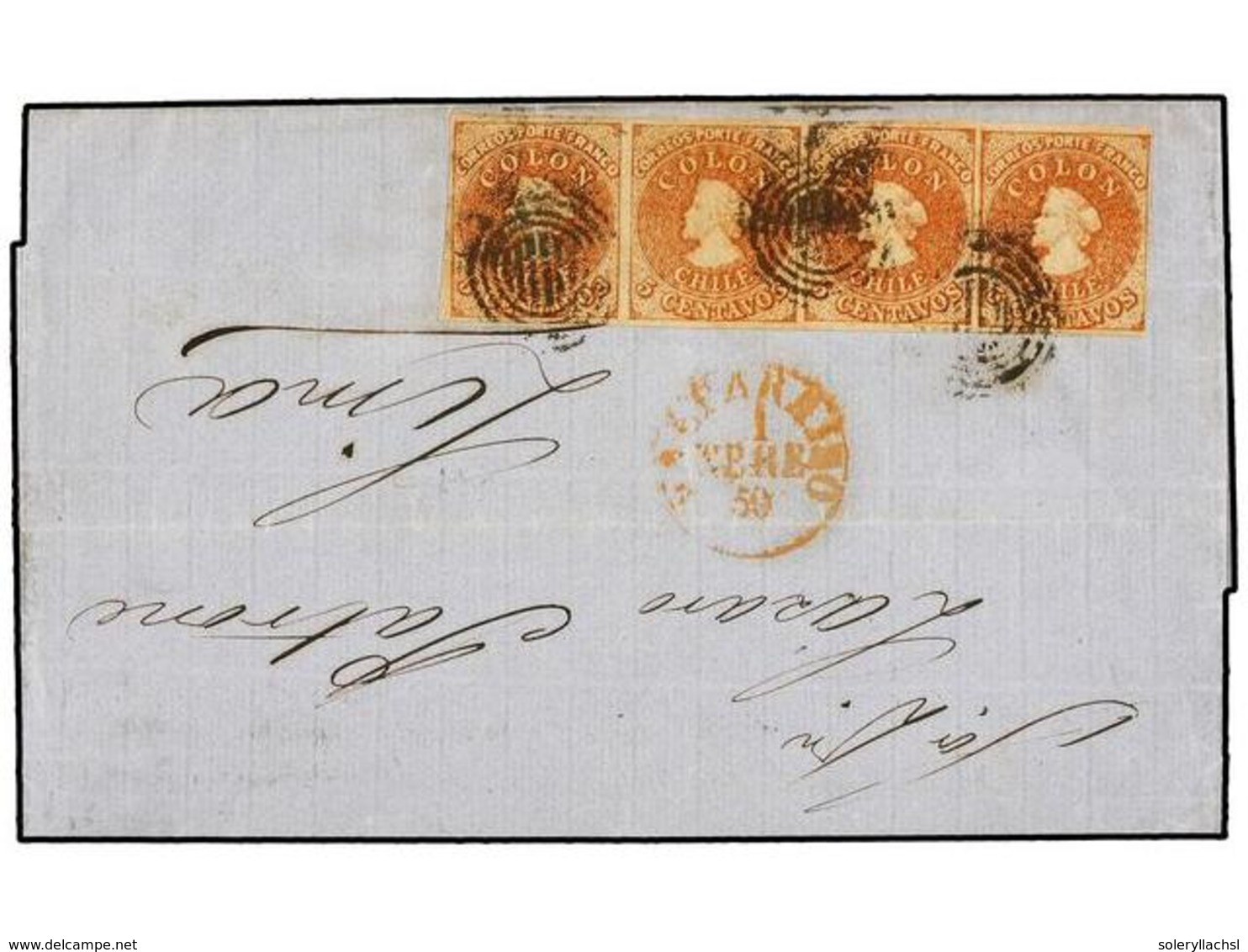 CHILE. Sc.9c (4). 1859. VALPARAISO A LIMA. 5 Ctvos. Castaño Rojo"canela" Impresión De Santiago"Estancos". Tira De Cuatro - Autres & Non Classés