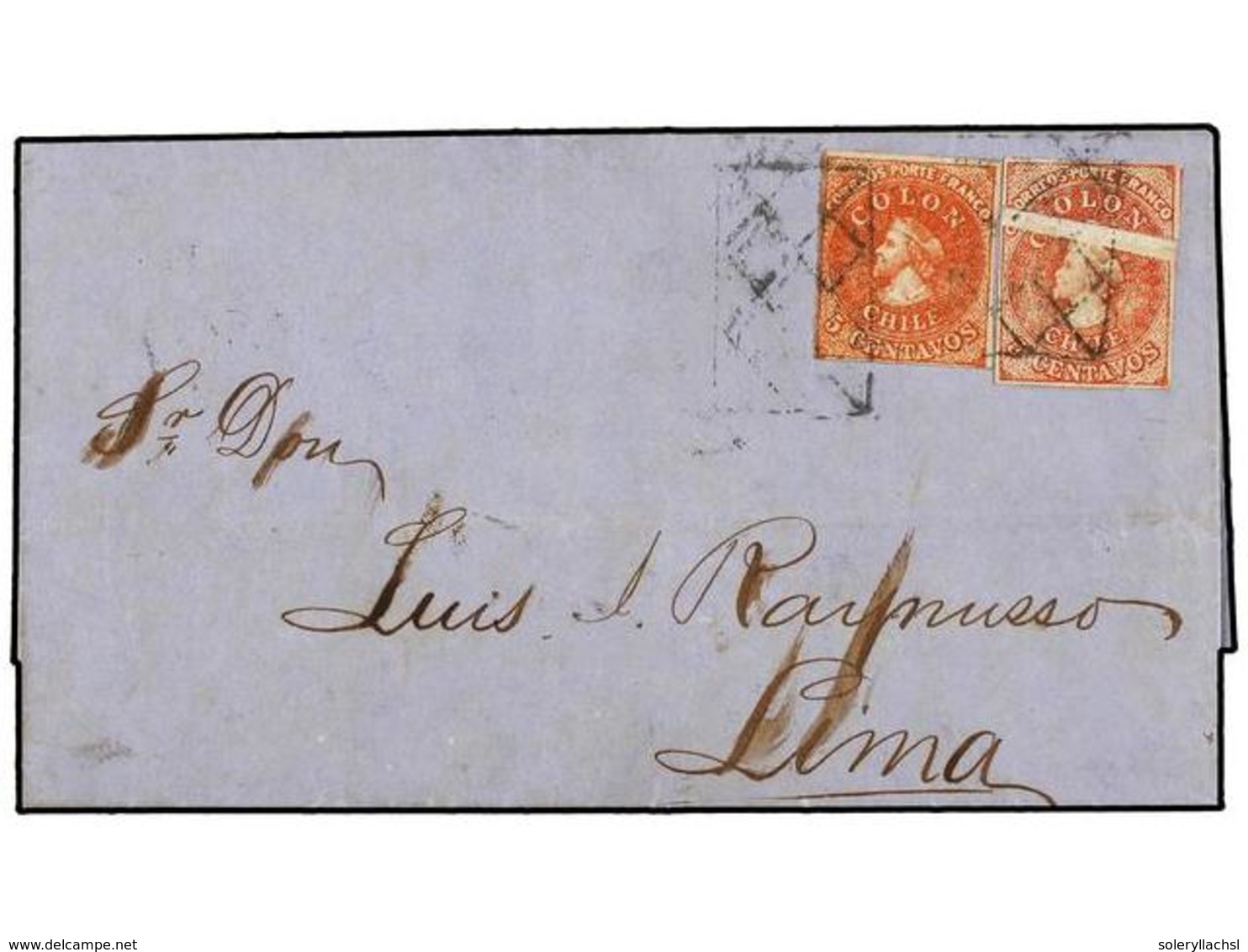 CHILE. Sc.14 (2). 1867. VALPARAISO A LIMA. 5 Cts. Rojo, Dos Sellos Con Márgenes Completos, Uno De Ellos Con Un Espectacu - Autres & Non Classés