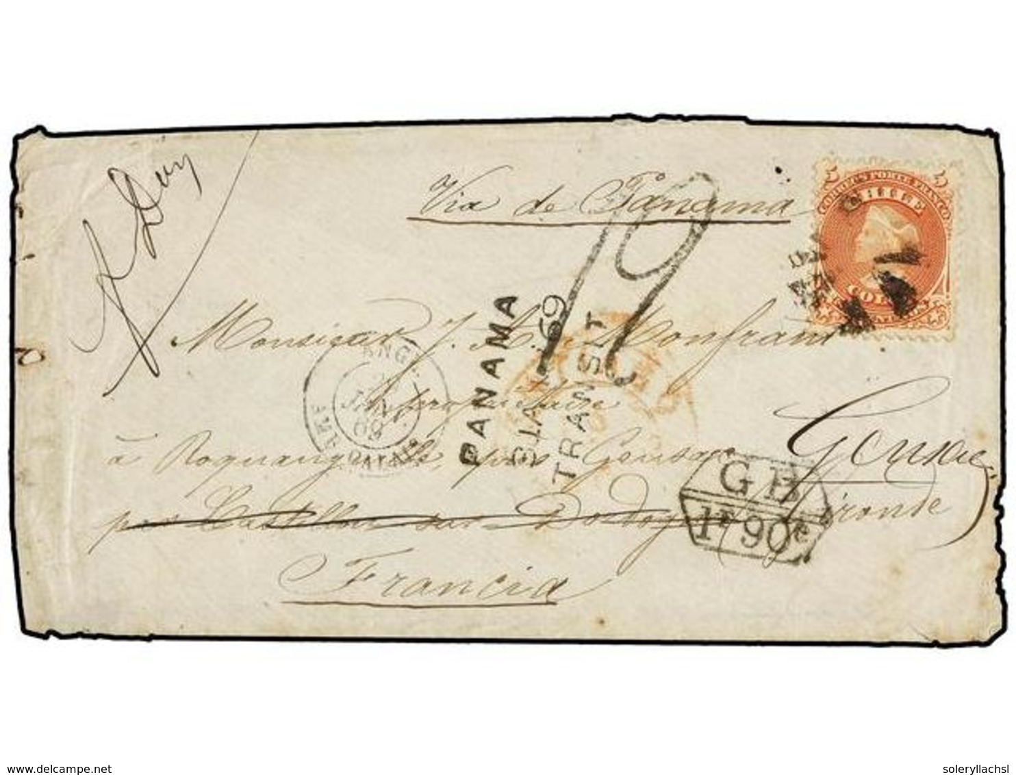 CHILE. Sc.17. 1869. VALPARAÍSO A FRANCIA. 5 Ctvos. Rojo. Circulada Vía Panamá. Marca De Intercambio GB/1F 90c. - Sonstige & Ohne Zuordnung