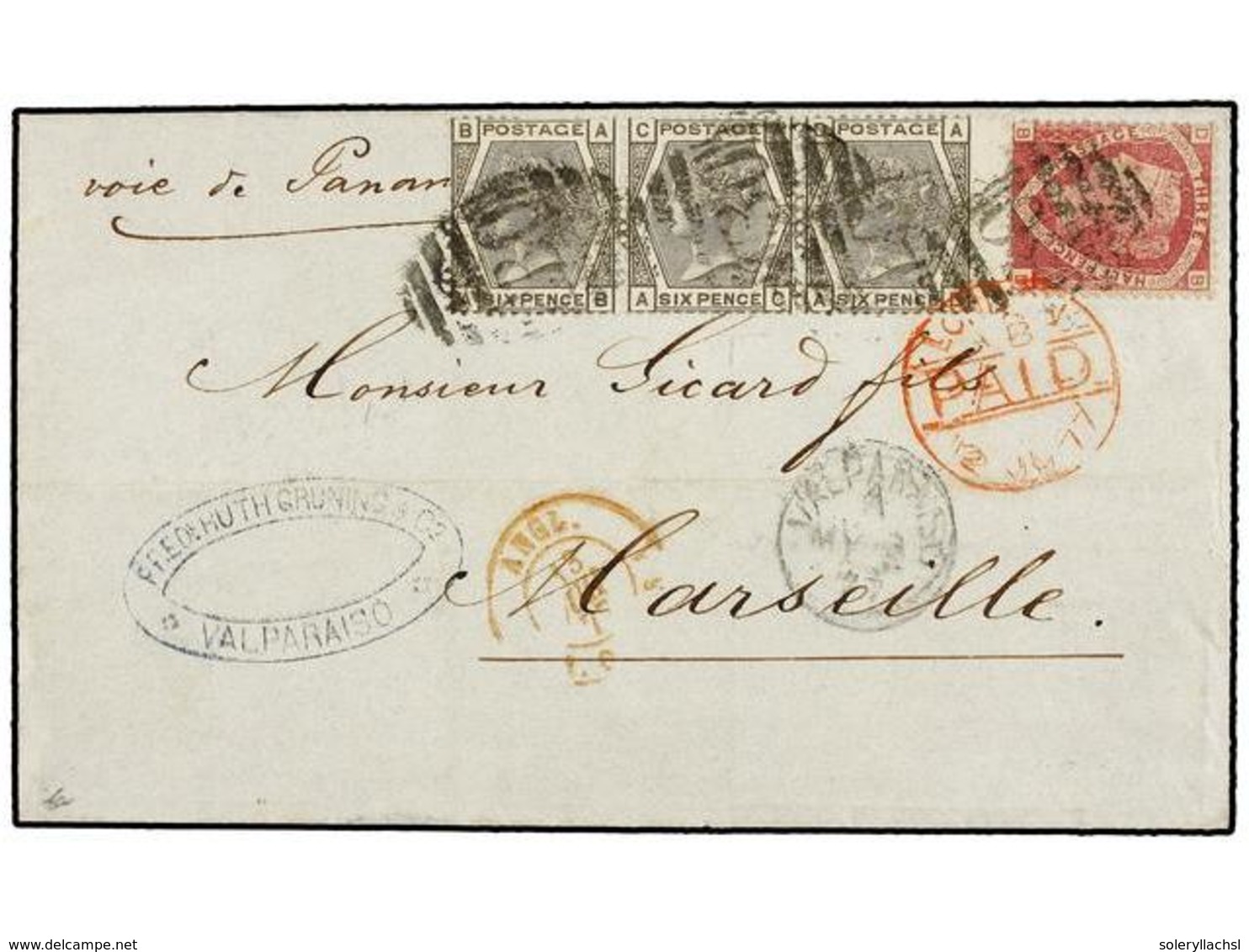 CHILE. 1877. VALPARAISO A FRANCIA. Envuelta Circulada Con Sellos Británicos De 1 1/2 D. Carmín Y Tira De Tres Del 6 P. C - Autres & Non Classés