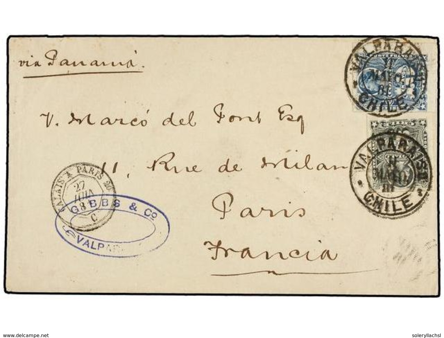 CHILE. Sc.20, 23. 1881 (11 Mayo). VALPARAISO A FRANCIA. 1 Ctvo. Gris Y 10 Ctvos. Azul. Circulada Vía Panamá. Interesante - Other & Unclassified