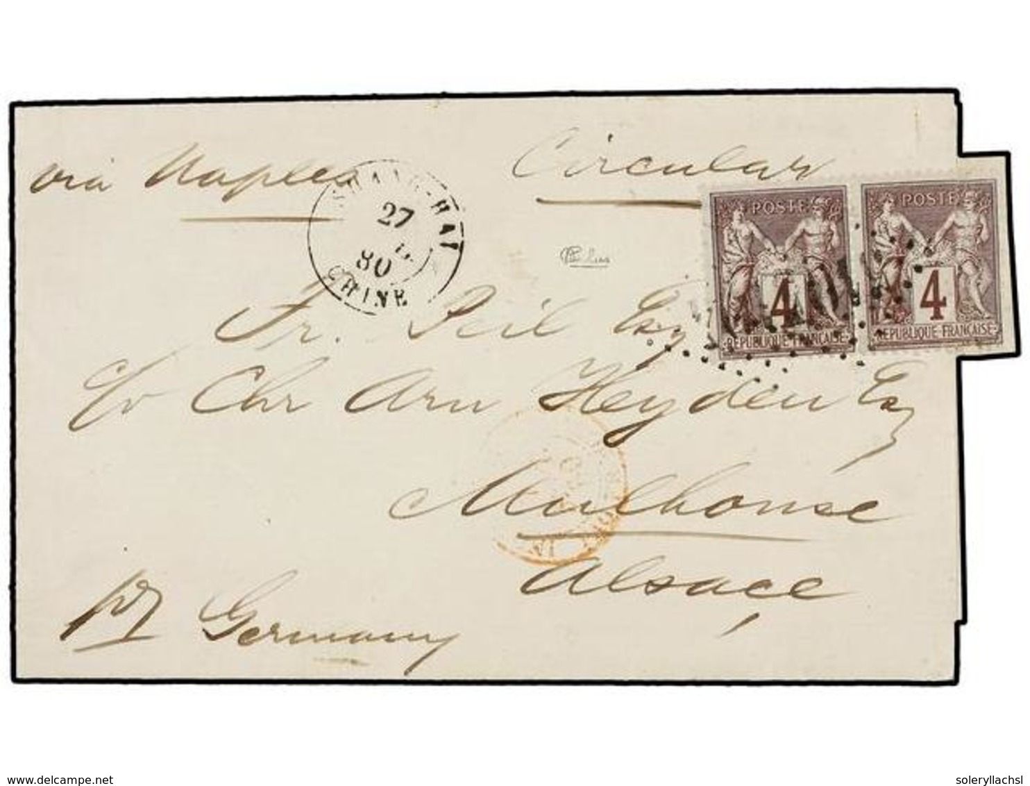 CHINA. 1880. SHAG-HAI To MULHOUSE (Alsace, Germany). Wrapper Circulated With Two 4 Cts. Lilac French Stamp (one With Tea - Sonstige & Ohne Zuordnung