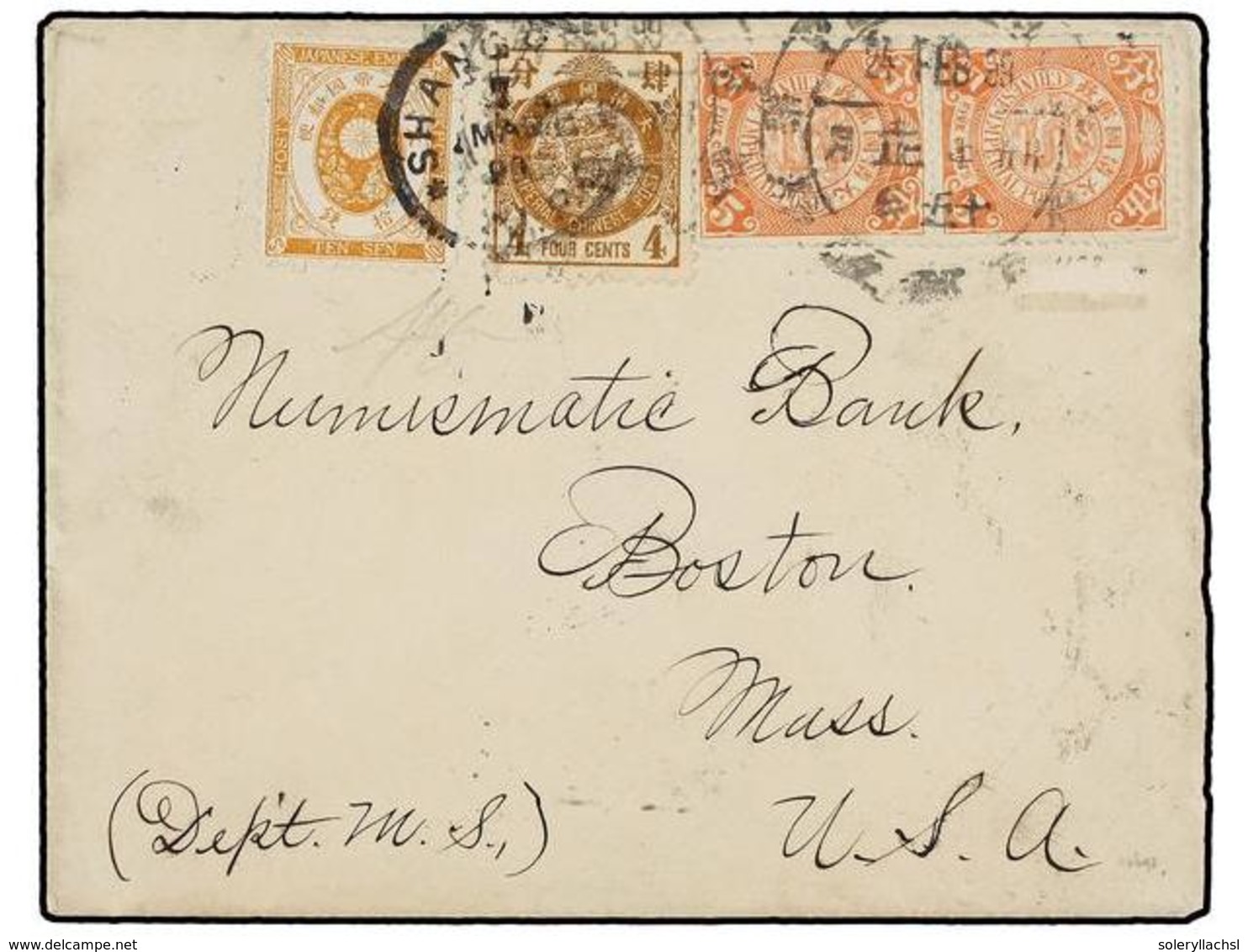 CHINA. 1899. SHANGHAI To USA. Envelope Franked With 4 Cts. And 5 Cts. (2) With Native Cancel Mixed With Japanese 10 Sen  - Sonstige & Ohne Zuordnung