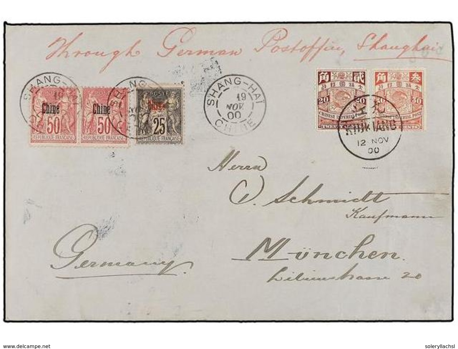 CHINA. 1900. KIUKIANG To GERMANY. Envelope Franked With French 25 Cts. And Two 50 Cts. Stamps Cancelled At Shanghai Mixe - Sonstige & Ohne Zuordnung