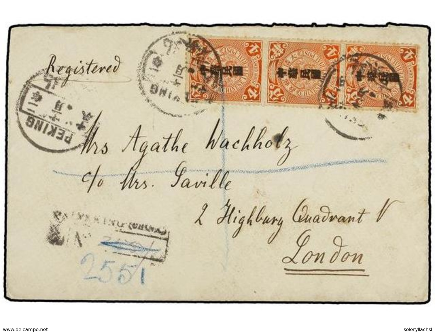 CHINA. Sc.150var. 1913. PEKING To LONDON. 4 Cts. Red (5 Stamps On Front And Back) DOUBLE OVERPRINT. Sent Registered, Arr - Otros & Sin Clasificación