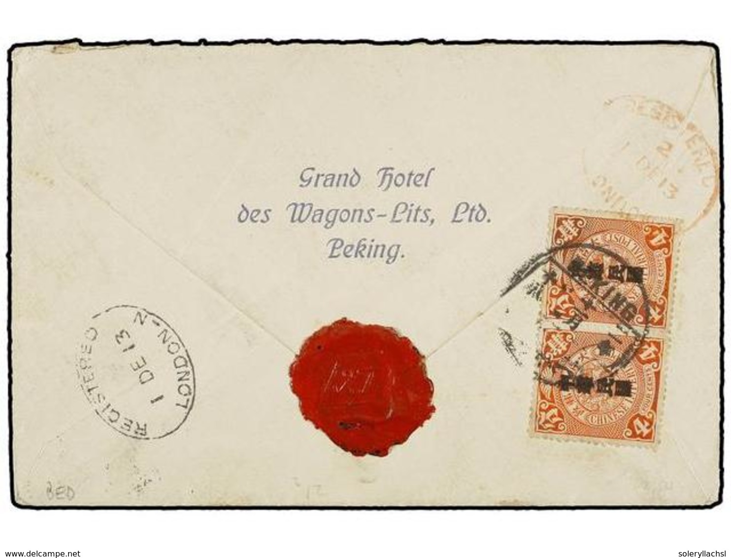 CHINA. Sc.150var. 1913. PEKING To LONDON. 4 Cts. Red (5 Stamps On Front And Back) DOUBLE OVERPRINT. Sent Registered, Arr - Otros & Sin Clasificación