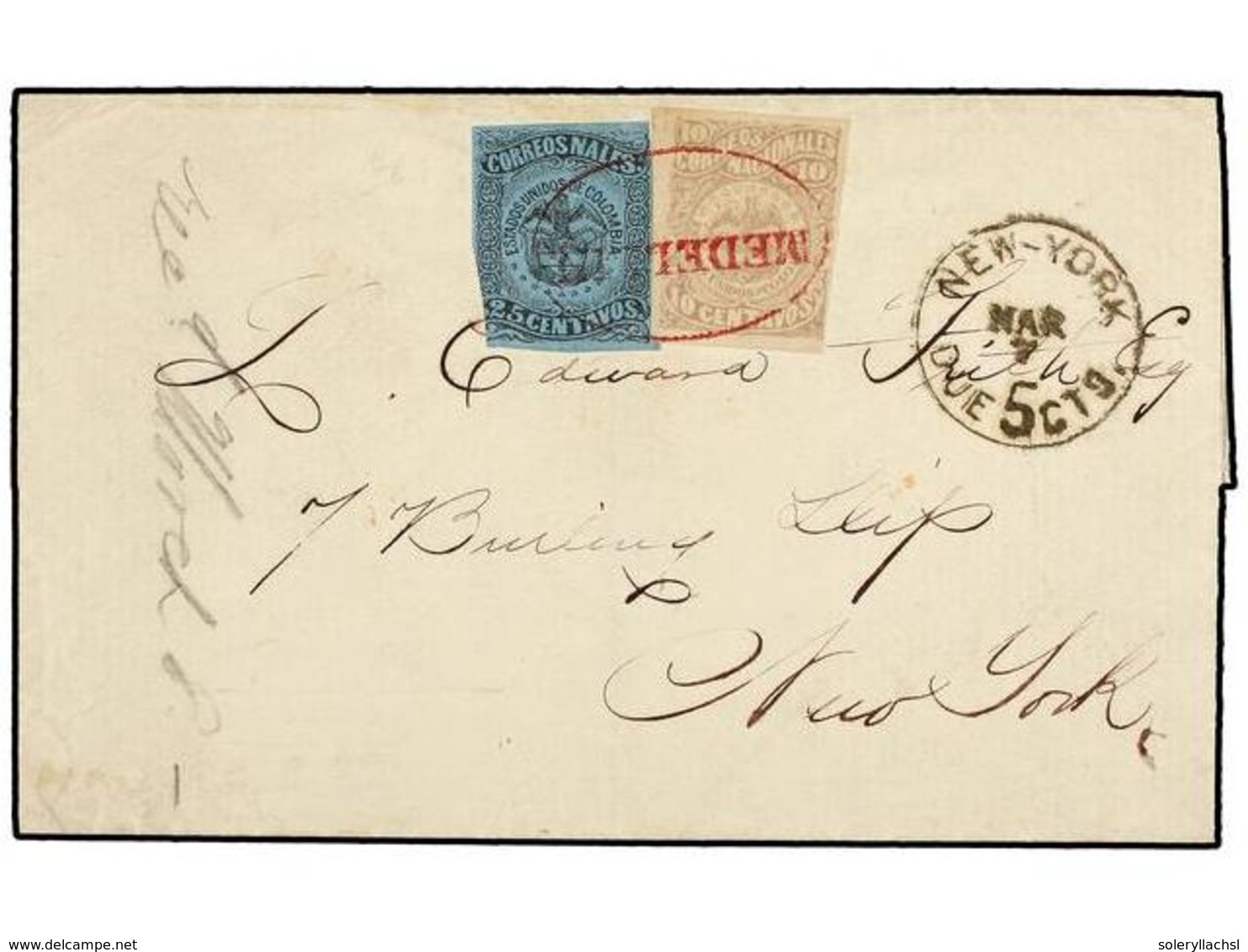 COLOMBIA. Sc.63, 69. (1870 CA.). BARRANQUILLA A NEW YORK. Envuelta Con Marca De Encaminador, Al Dorso PARDO & DOVAL/BARR - Autres & Non Classés