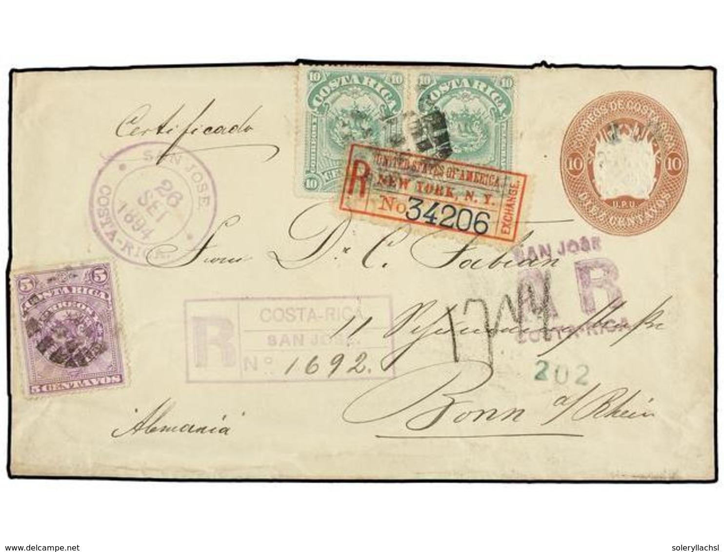 COSTA RICA. 1894. SAN JOSE A ALEMANIA. Entero Postal De 10 Ctvos. Castaño Con Franqueo Adicional De 5 Cts. Lila Y 10 Ctv - Autres & Non Classés