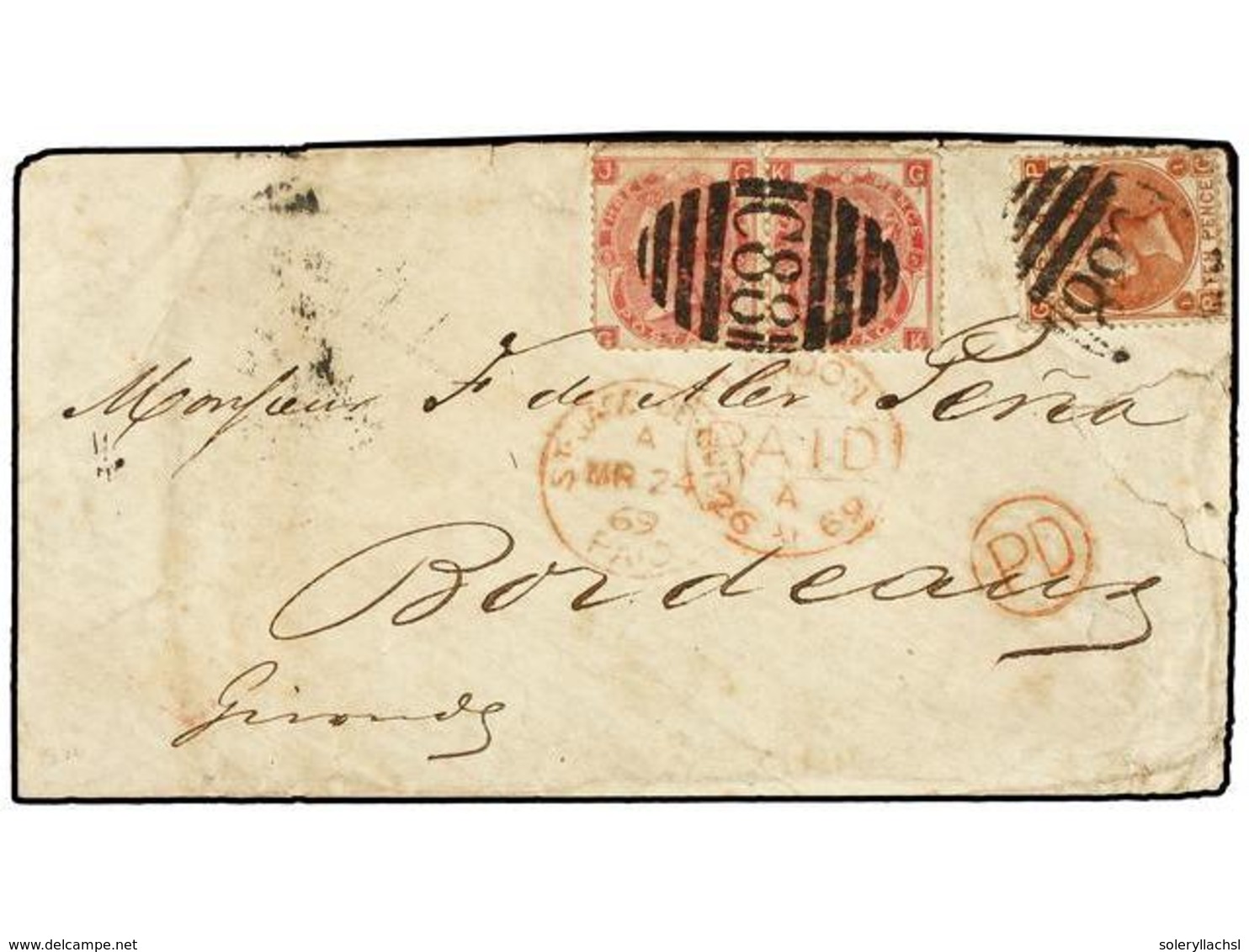 CUBA. 1869. SANTIAGO DE CUBA A FRANCIA. Circulado Con Sellos Británicos De 3 P. Rosa (2) Y 10 P. Castaño, Mat. C88 Y Fec - Autres & Non Classés