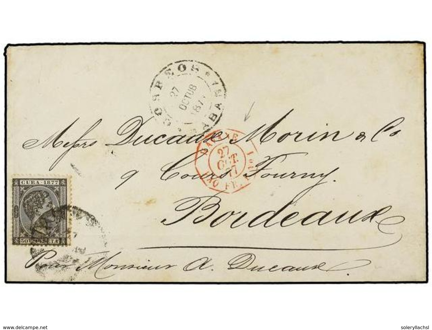 CUBA. 1877. HABANA A BORDEAUX (Francia). 50 Cts. Negro Mat. Fechador Y Marca Octogonal Del Correo Marítimo Francés HAVAN - Sonstige & Ohne Zuordnung