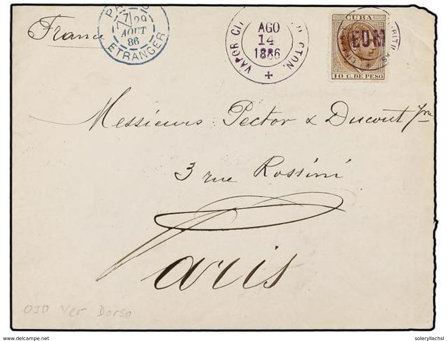 COLONIAS ESPAÑOLAS: CUBA. 1886. HABANA A PARÍS. 10 Ctvos. Castaño Circulada Por La Línea De VAPORES DE ESTADOS UNIDOS. M - Autres & Non Classés