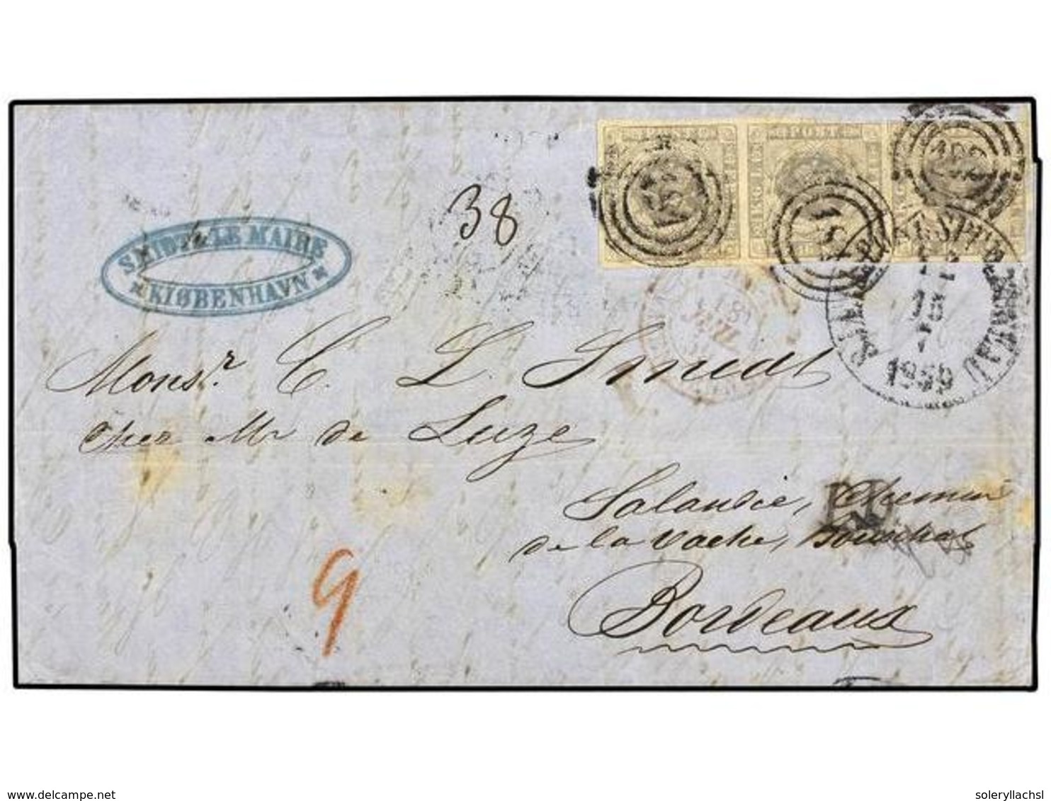 DINAMARCA. 1859 (July 15). Entire Letter From COPENHAGEN To BORDEAUX Franked At 48 Sk Rate With Horizontal Strip Of Thre - Sonstige & Ohne Zuordnung