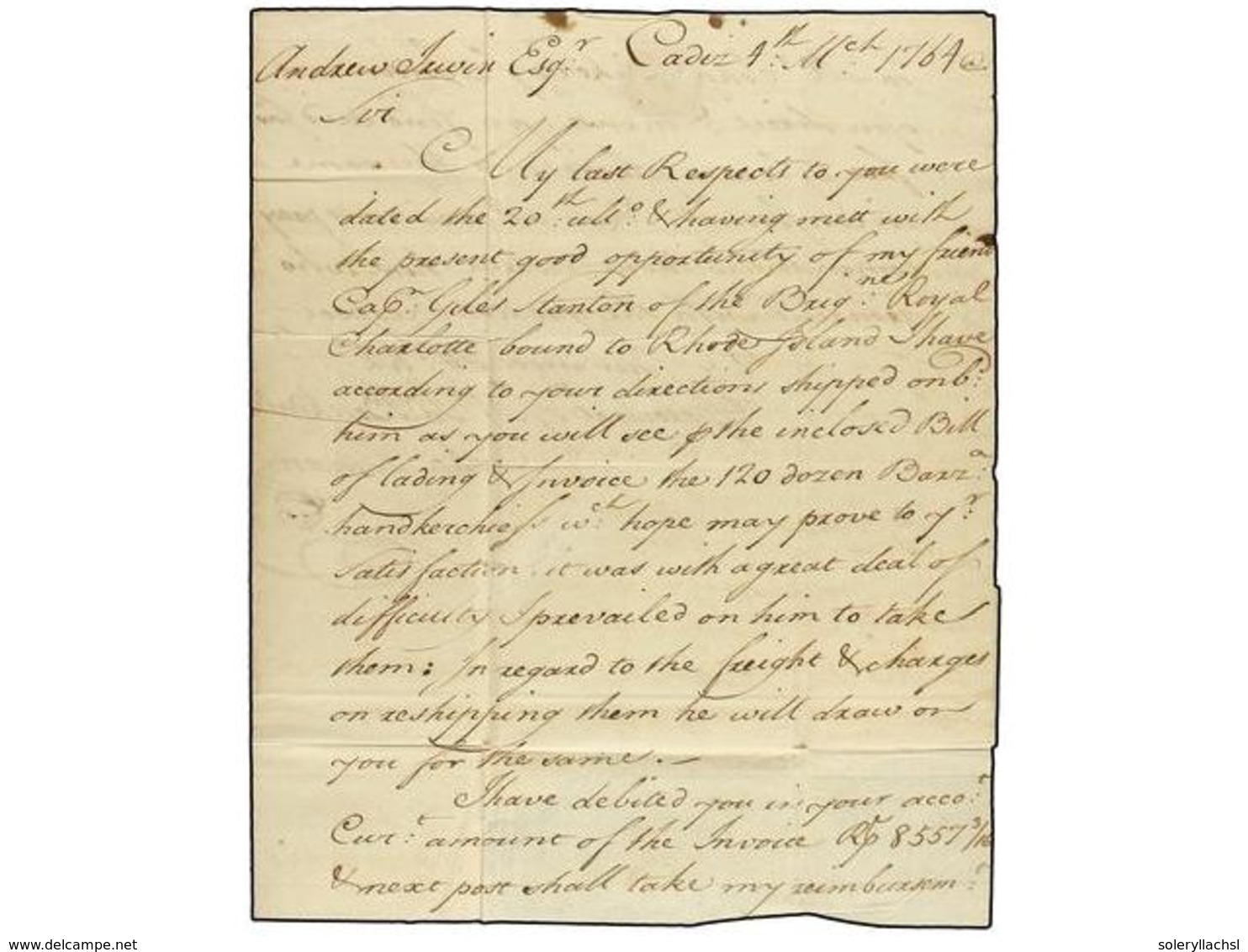 ANTILLAS DANESAS. 1764 (March 17). INCOMING MAIL FROM SPAIN. CADIZ To ST. CROIX. Entire Letter Sent Privatelly, Ms. "por - Sonstige & Ohne Zuordnung