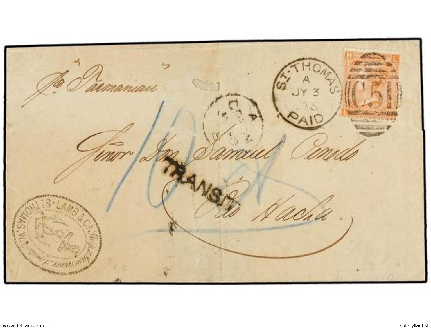 ANTILLAS DANESAS. 1875. ST. THOMAS To RIO HACHA. Folded Letter Franked With GB. 4 D. Vermeillon (pl. 14) Tied By Duplex  - Autres & Non Classés