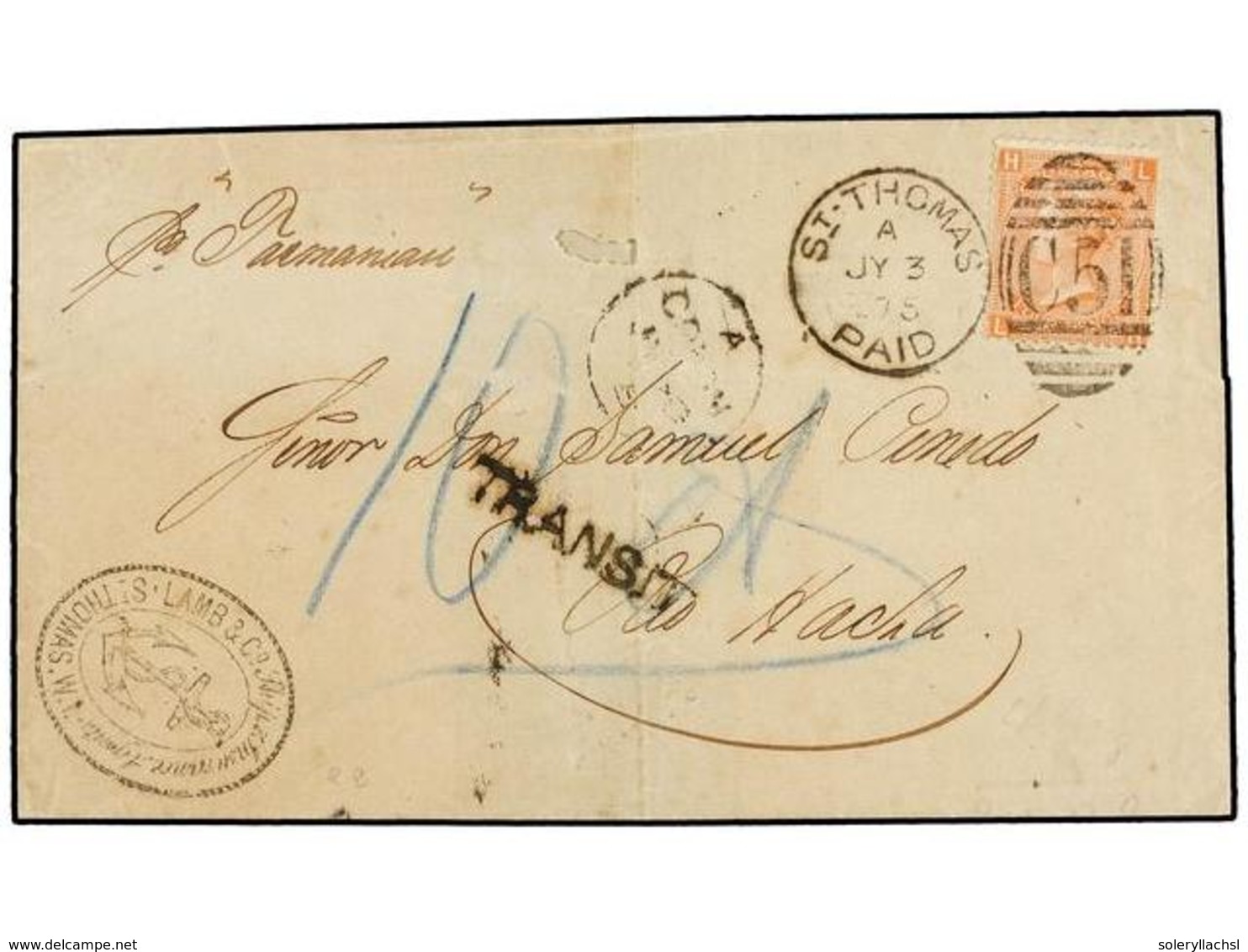 ANTILLAS DANESAS. 1875. ST. THOMAS To RIO HACHA. Folded Letter Franked With GB. 4 D. Vermeillon (pl. 14) Tied By Duplex  - Otros & Sin Clasificación