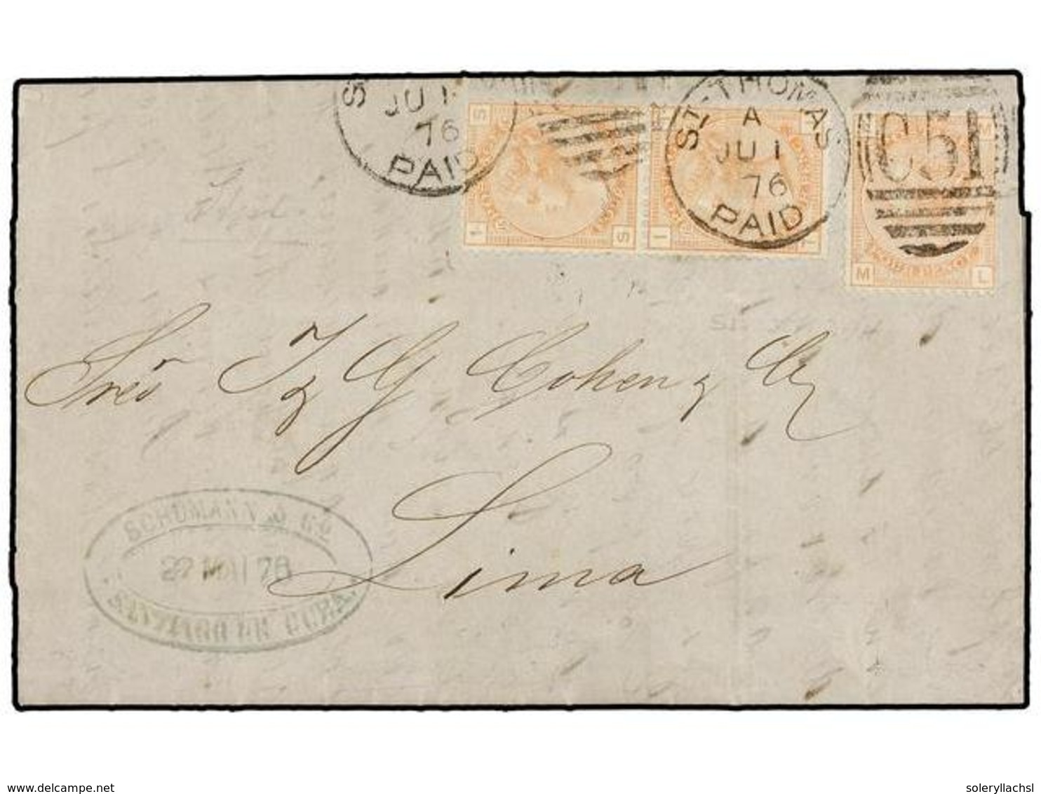 ANTILLAS DANESAS. 1876. SANTIAGO DE CUBA To LIMA. Privately Carried To St. Thomas, Franked With GB 4 D. Vermillon, Pl. 1 - Otros & Sin Clasificación