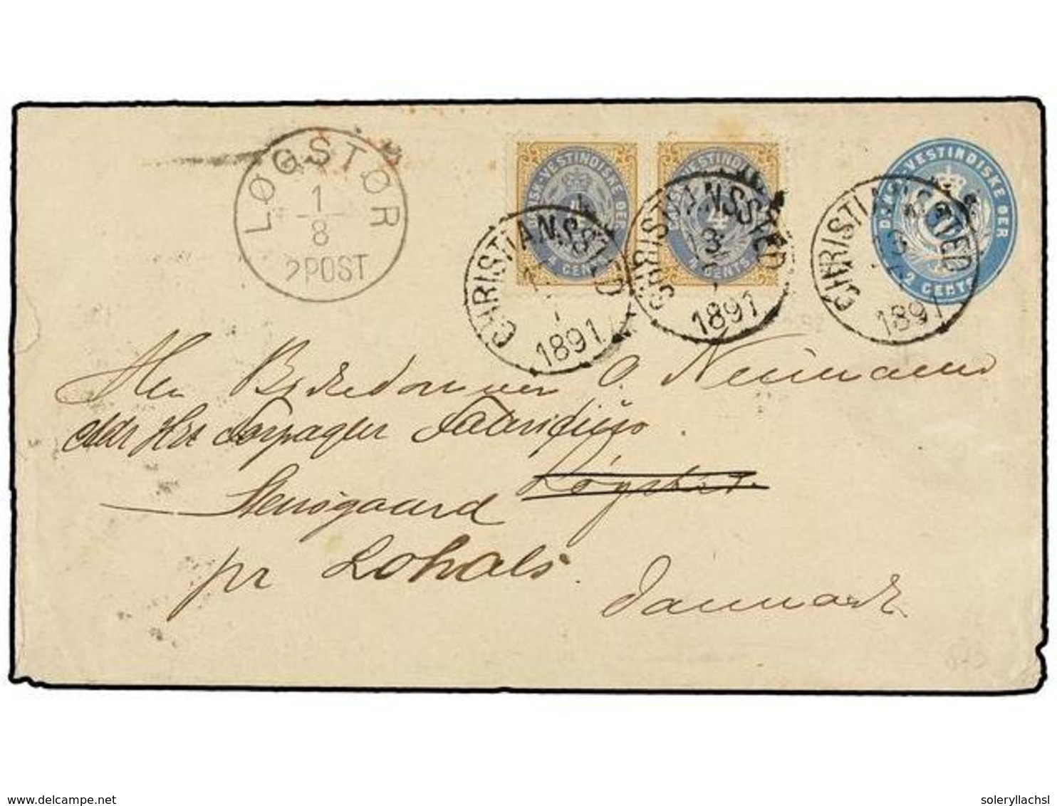 ANTILLAS DANESAS. 1891. CRISTIANSSTED To LOGSTOR And Redirected. Postal Stationary Envelope Uprated With Two Stamps Of 4 - Autres & Non Classés