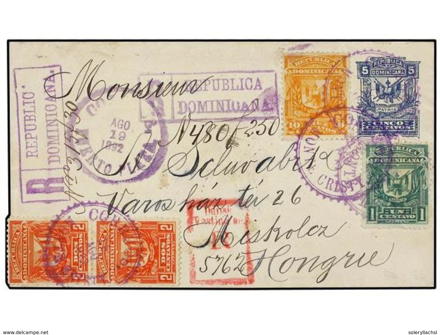 REPUBLICA DOMINICANA. Sc.88, 89 (2), 91. 1892. PUERTO PLATA A HUNGRÍA. Sobre De 5 Ctvos. Azul Con Franqueo Adicional De  - Autres & Non Classés