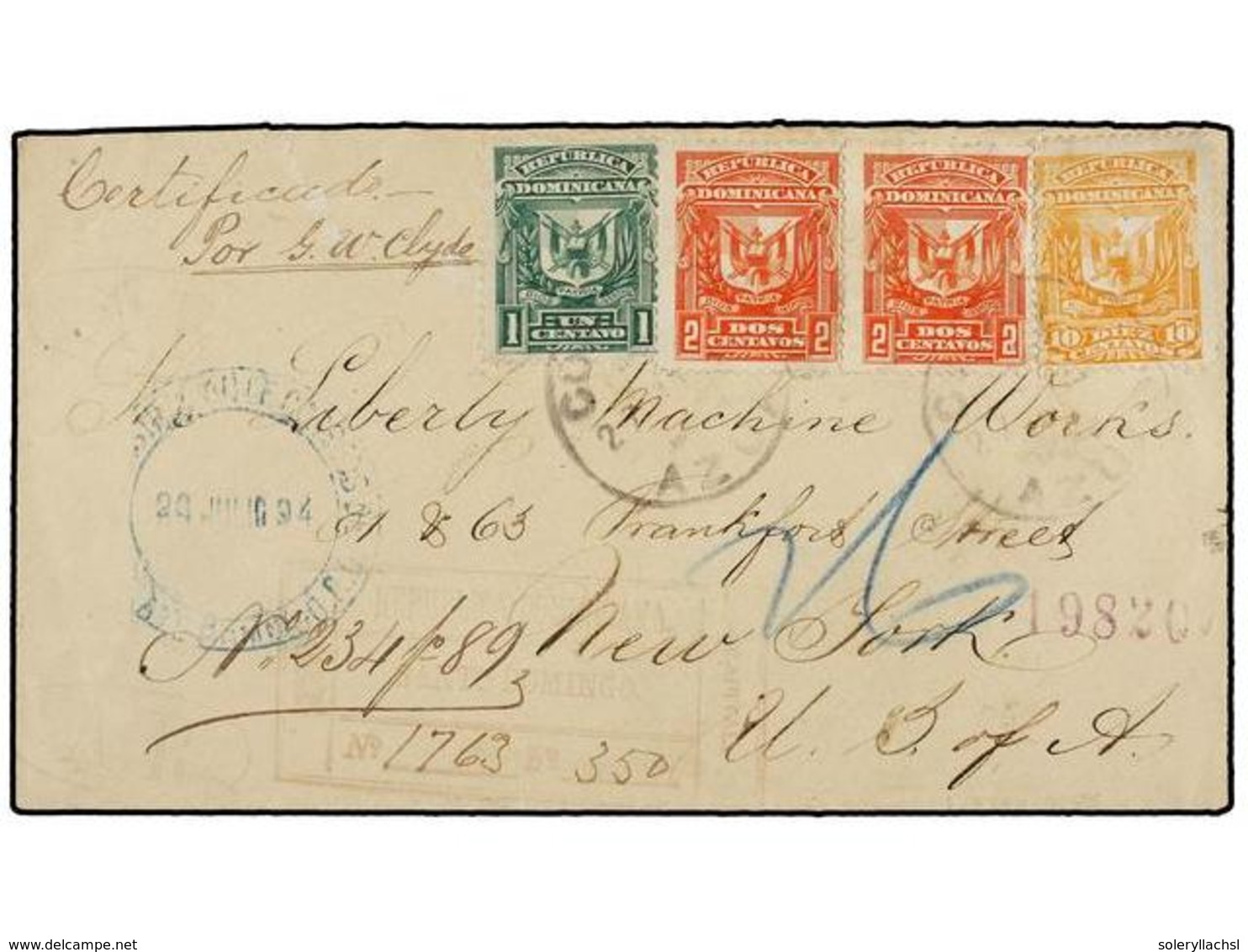 REPUBLICA DOMINICANA. Sc.88, 89 (2), 91. 1894. STO. DOMINGO A NEW YORK. 1 Ctvo. Verde, 2 Ctvos. Naranja (2) Y 10 Ctvos.  - Otros & Sin Clasificación