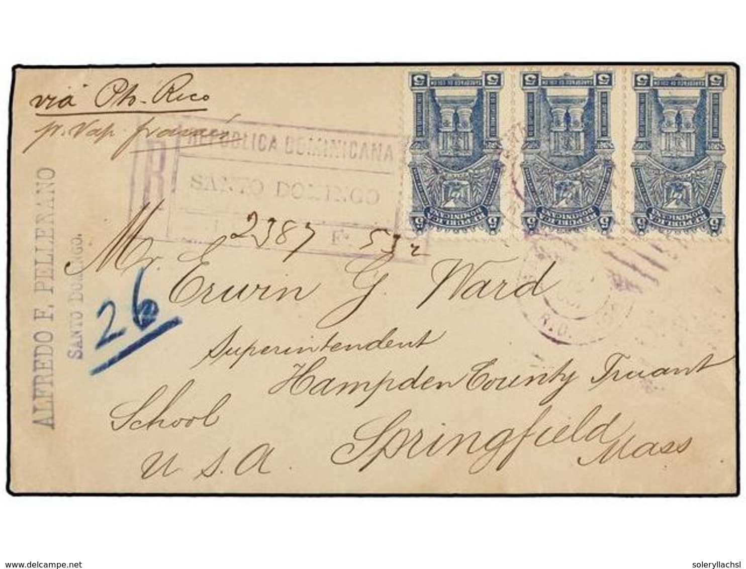 REPUBLICA DOMINICANA. Sc.103 (3). 1900. SANTO DOMINGO A U.S.A. 5 Ctvos. Azul Tira De Tres. Carta Certificada Circulada V - Other & Unclassified