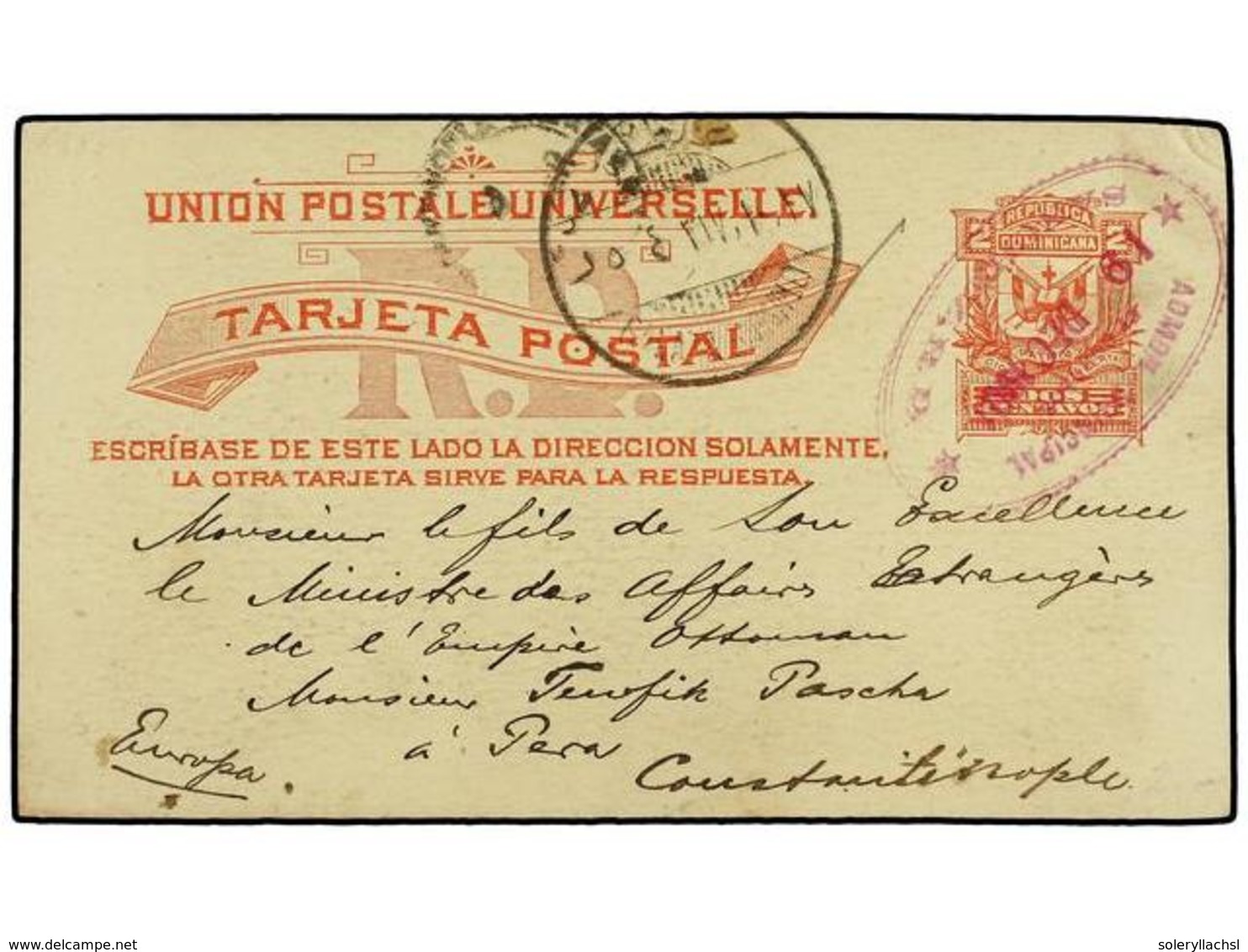 REPUBLICA DOMINICANA. 1901. SANCHEZ A CONSTANTINOPLA (Turquía). Entero Postal Doble 2 Cts. + 2 Ctvos. Rojo Circulado A L - Sonstige & Ohne Zuordnung