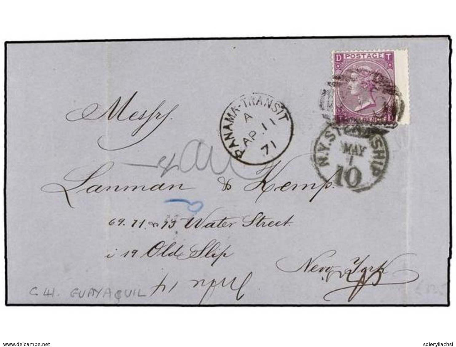 ECUADOR. 1871. GUAYAQUIL To NEW YORK. Folded Letter Franked With GB 6 D. Lilac Stamp, Tied By B.P.O. C-41 Cancel, Sent V - Autres & Non Classés