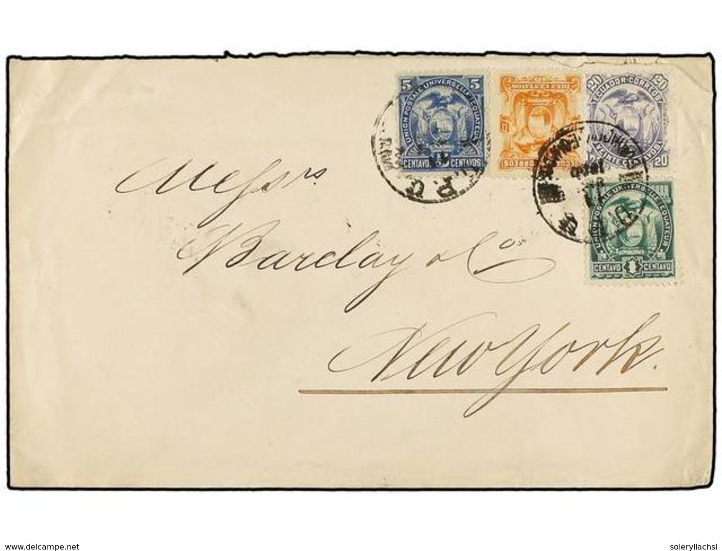 ECUADOR. Sc.15, 16, 19, 21. 1890. GUAYAQUIL A NEW YORK. 1 Ctvo., 5 Ctvos., 10 Ctvos. Y 20 Ctvos. Precioso Franqueo. - Otros & Sin Clasificación