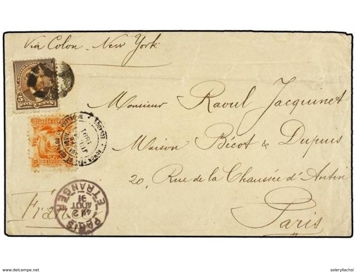 ECUADOR. 1891. GUAYAQUIL A PARÍS. Sobre Circulado Con Sello De 10 Cts. Naranja, Mat. Fechador De GUAYAQUIL. Circulado Ví - Autres & Non Classés