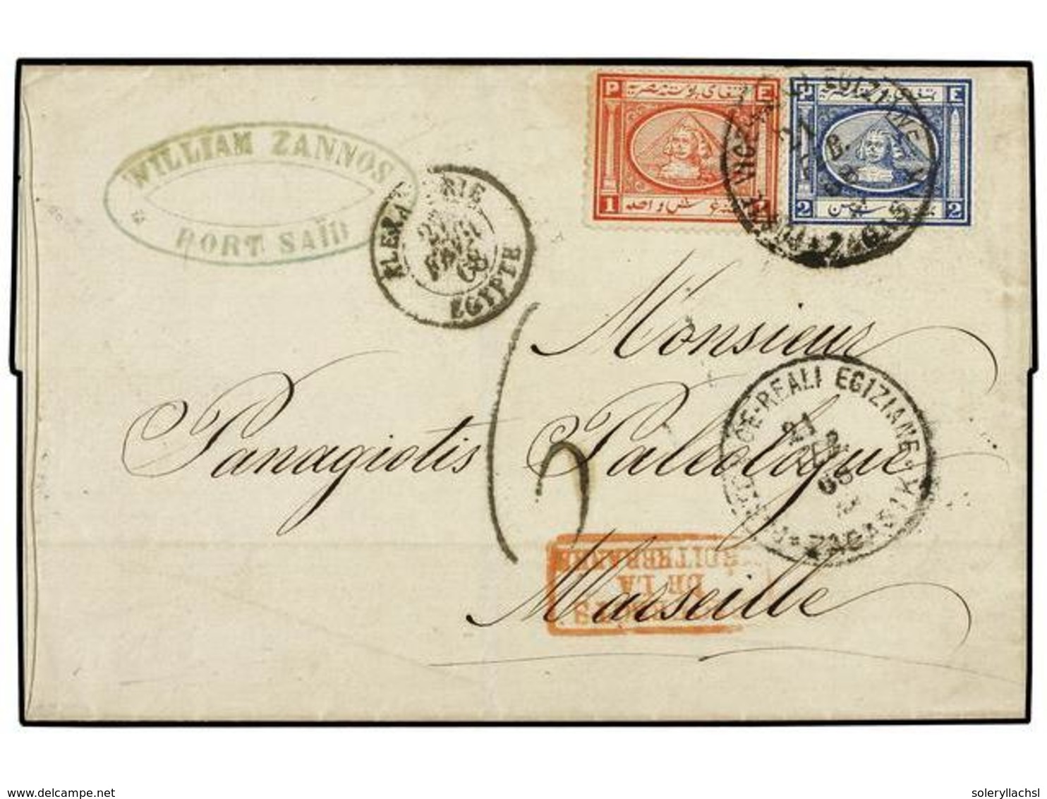 EGIPTO. 1868. 2 Pi. Blue And 1 Pi. Red Singles Neatly Tied On Folded Cover To MARSEILLE By Clear Black POSTE VICE-REALI/ - Otros & Sin Clasificación